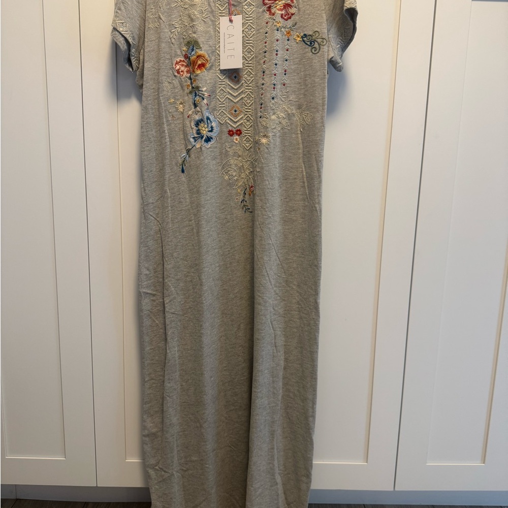 Caite Kyla Seo Lourdes T-shirt Dress Karyn Embroidered Small Long Maxi Gray NWT